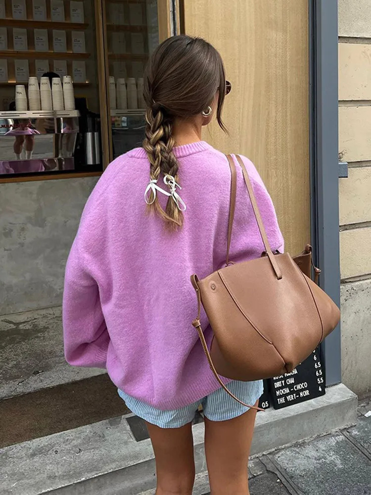 Casual Rose Pink Womens Oneck Knitted Floral Fashion Long Lantern Sleeve Loose Solid Sweater 2024 Basic Daily Jumper 241211