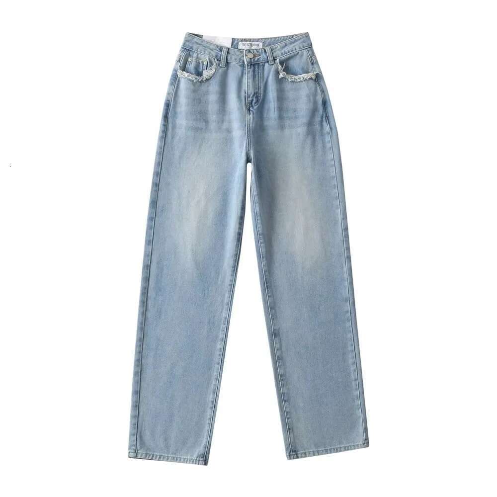 Spicy Girl INS Personalized Matte Pocket High Waist Wide Pants for Women, Loose and Slim Straight Leg Cowboy Pants, 2024 Versatile New Trendy Clothing