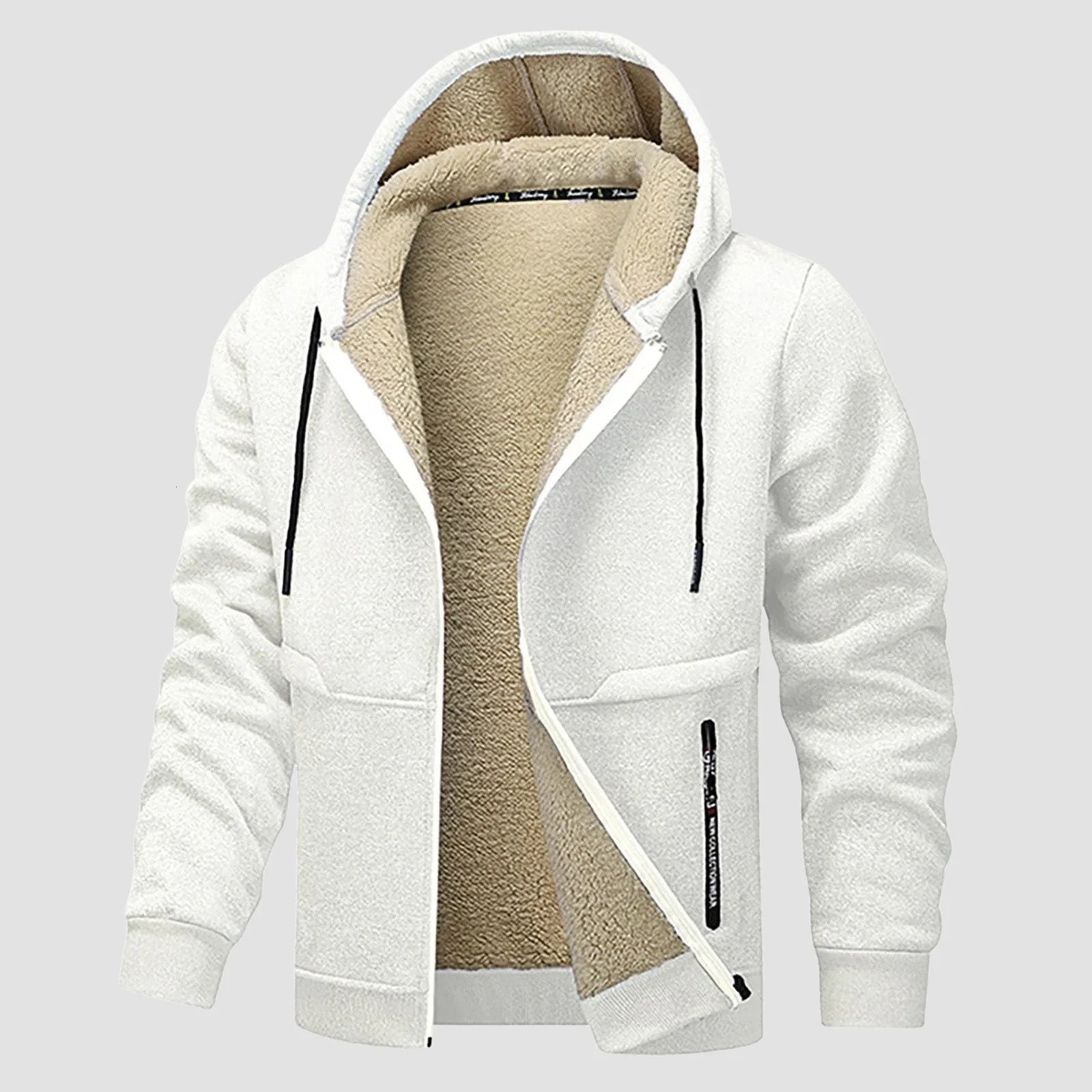 Winter hooded mens warm wool hooded jacket outdoor warm windproof jacket casual loose zipper mens set 241214