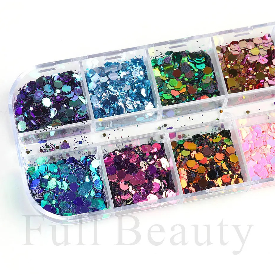 Mirror Iridescent Nail Art Sequins Holographic Mixed Hexagon y Glitter Powder Flakes Sparkly Spangles Manicure LAGB 241213