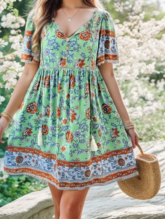 European and American women's Shein spring/summer leisure vacation printed short sleeved dress 2024 temperament versatile new trend clothing ins