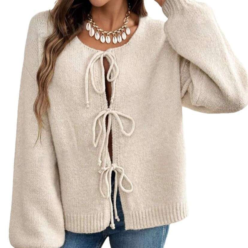 European American And Winter Clothing, Autumn Women's Casual Loose Cardigan, Lace Up Solid Color Sweater