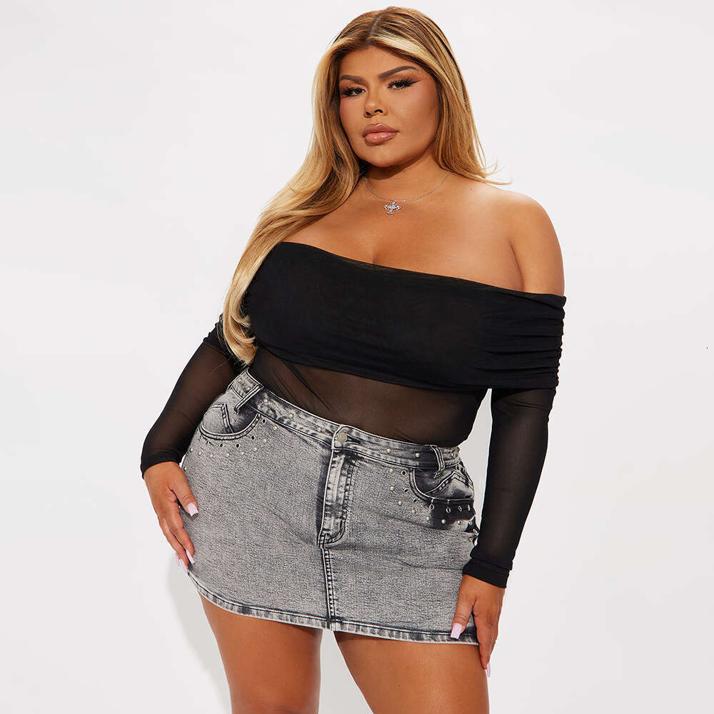 Spring Summer European And American Fashion Spicy Girl Style Top Plus Size Women's Clothing Strapless Mesh Semi Transparent Long Sleeved T-Shirt 
