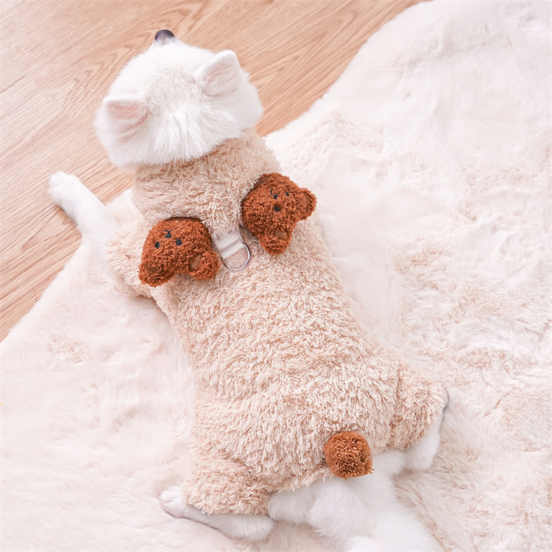 Winter Pet Apparel PlushThickened Warm Dog Jumpsuit Cute Bear Ear Four Legged Cats and Dogs Coat Coral Velvet Hoodie