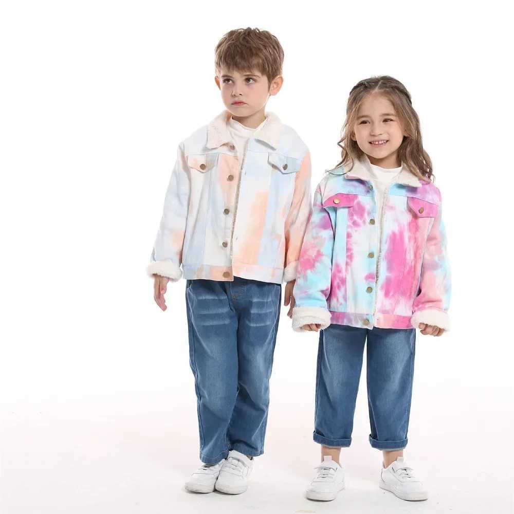 Childrens Korean Version Colorful Denim Jacket with Imitation Lamb Velvet Autumn and Winter Warm Boys and Girls Fine Hair CoatXJ241214