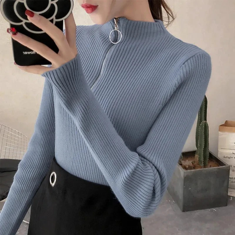 Knitted womens zipper semi high neck sweater with floral pattern basic for autumn and winter ultrathin solid knitted top 241211