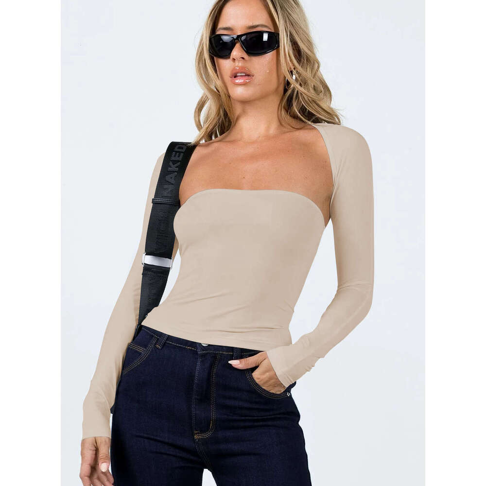 Fashion New Summer Sexy Strapless Waist Cinched T-Shirt Long Sleeved Tight Fitting Cover Two-Piece Set Women's Top