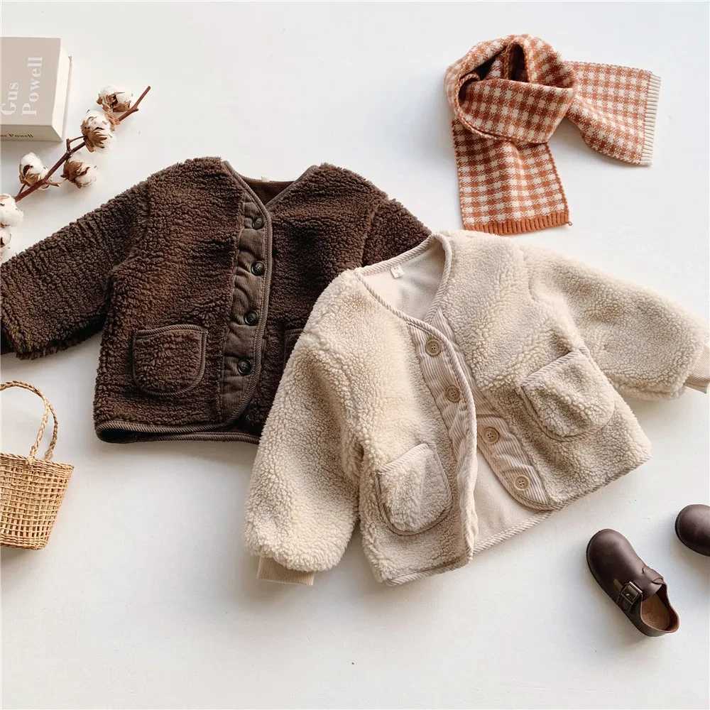 2024 Korean Boys Fall Winter Clothes For Girls Velvet Loose Lamb Velvet Warm Childrens Jacket Coat For Girls 0-5-year-oldXJ241214