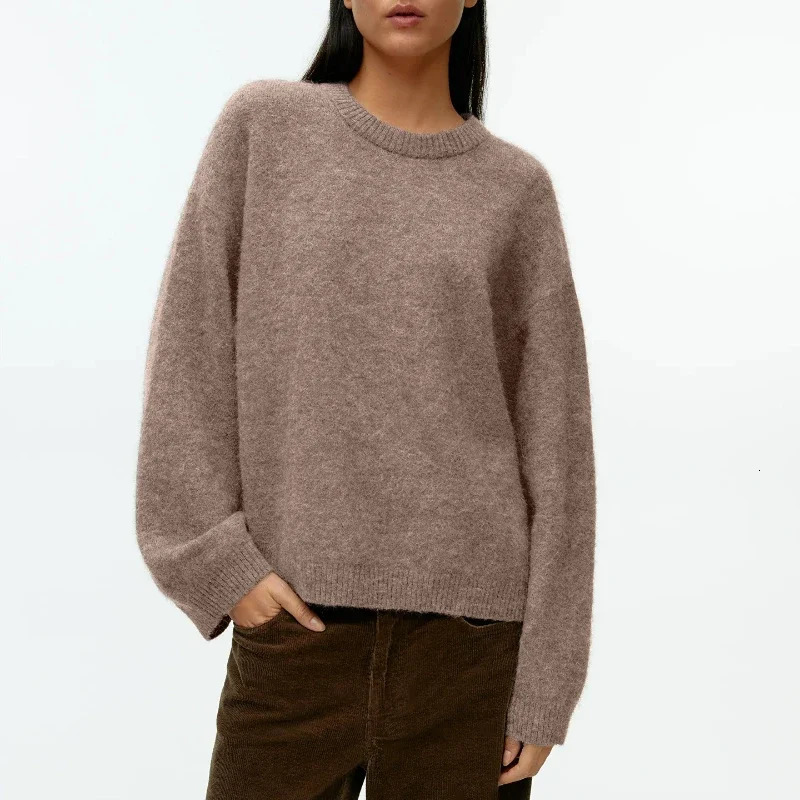 Fashion Basic Oneck Lantern Sleeve Sweater Womens 2024 Winter Large Casual Pink Blue Knitted Floral Thick Warm Top 241211