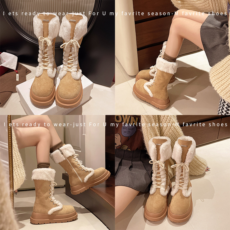 2025 winter new all-in-one thick sole warm and fluffy fashion snow boots women's mid-tube woolen hot cotton shoes super fire ootd