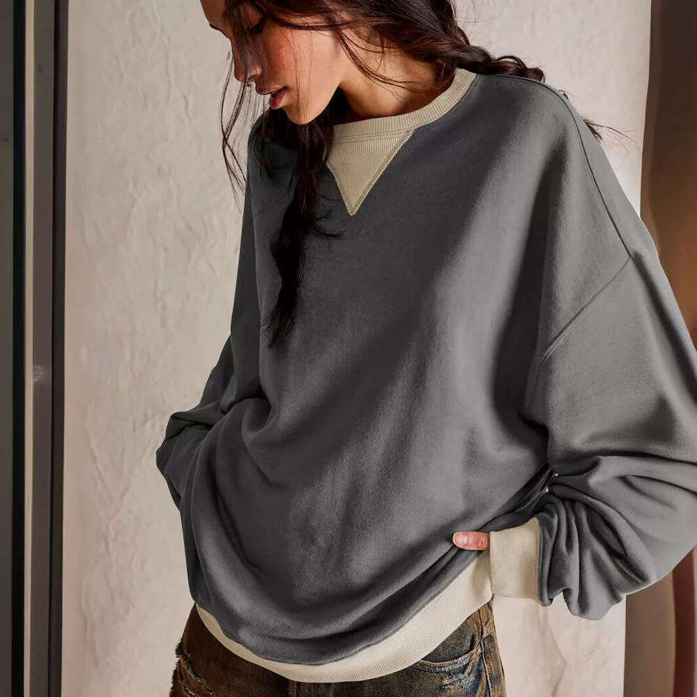Street Style Contrasting Color Thread Long Sleeved Top, Loose Trendy Brand Off Shoulder Round Neck Hoodie Jacket, Women's Spring And Autumn Fashi