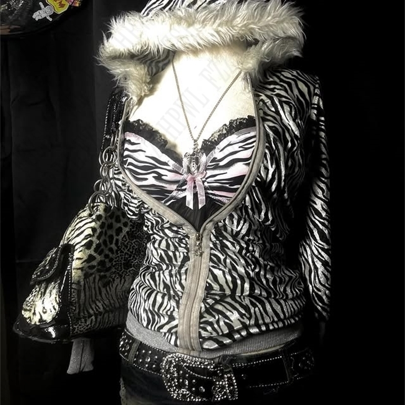 90s Zebra Printed Harajuku Punk Gothic Zipper Hoodie for Women Y2K Sexy Slim American Retro Fur Hip Hop Garbage Fashion Womens Top 241214