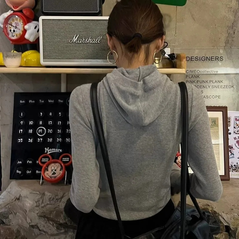 Solid long sleeved hooded womens autumn and winter ultrathin slim fit turtle neck zipper top 241211