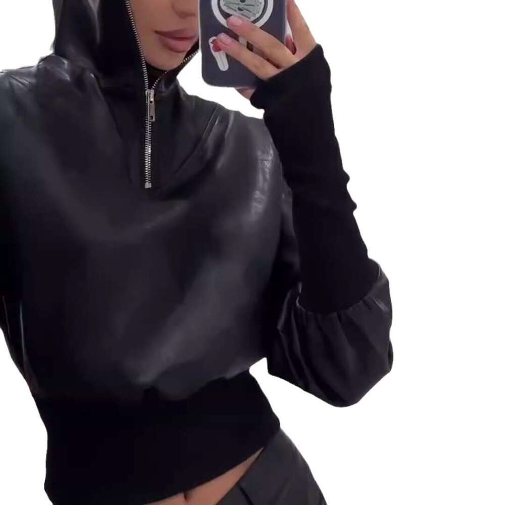 Autumn Winter New European And American Sexy Spicy Girl Style Top Fashionable PU Stand Up Collar Slim Fit Leather Jacket B4