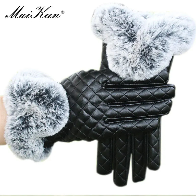 Maikun leather gloves PU autumn and winter style womens oversized Rex rabbit fur UK diamond grid thickened 241212