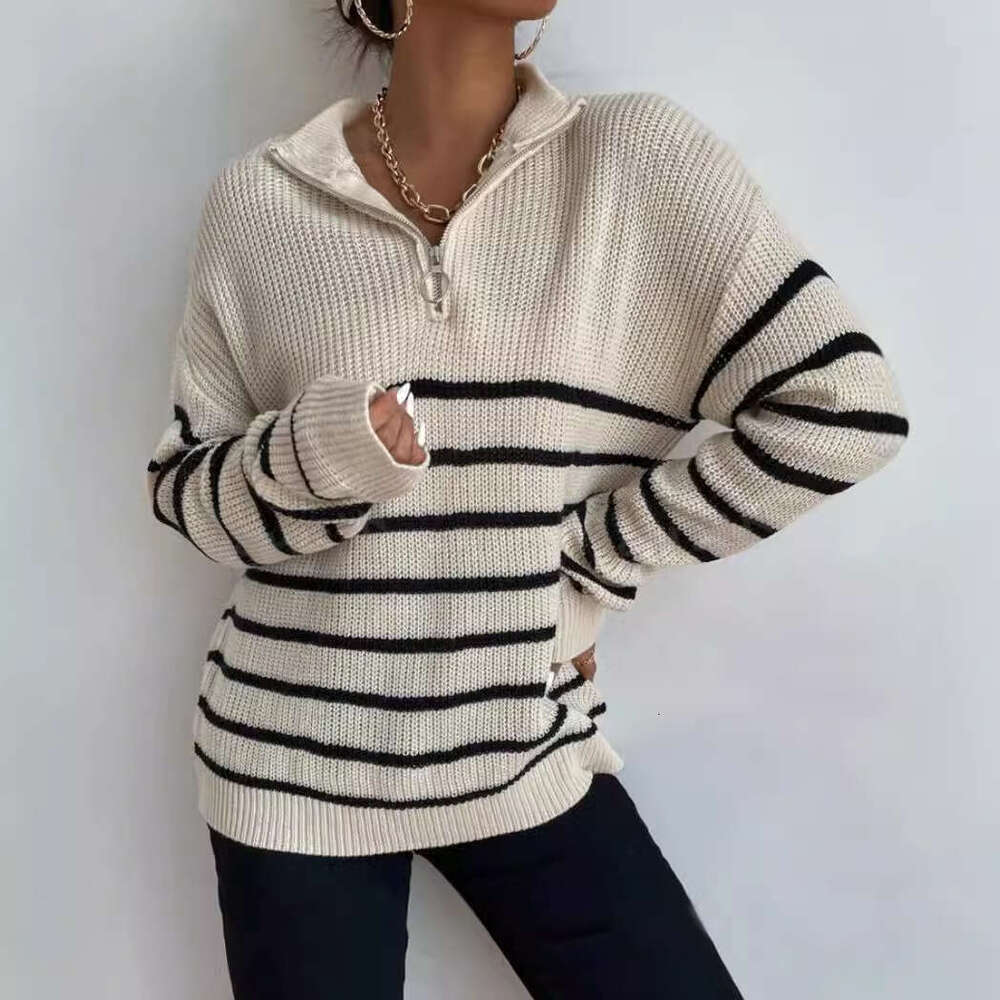 Foreign Trade Sweaters, Pullovers, Half Zipper Striped Long Sleeved Knitwear, Loose Fitting Tops, Women's Fashionable Quality, Classic