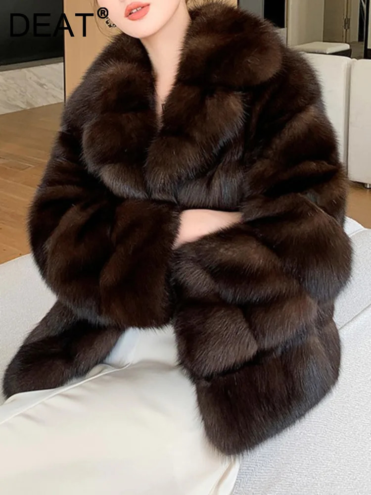 DEAT Fashion Womens Faux Fur Coat Vneck Long Sleeves No Placket Thickening Warm Pockets Overcoat Winter 7AB2642 241121