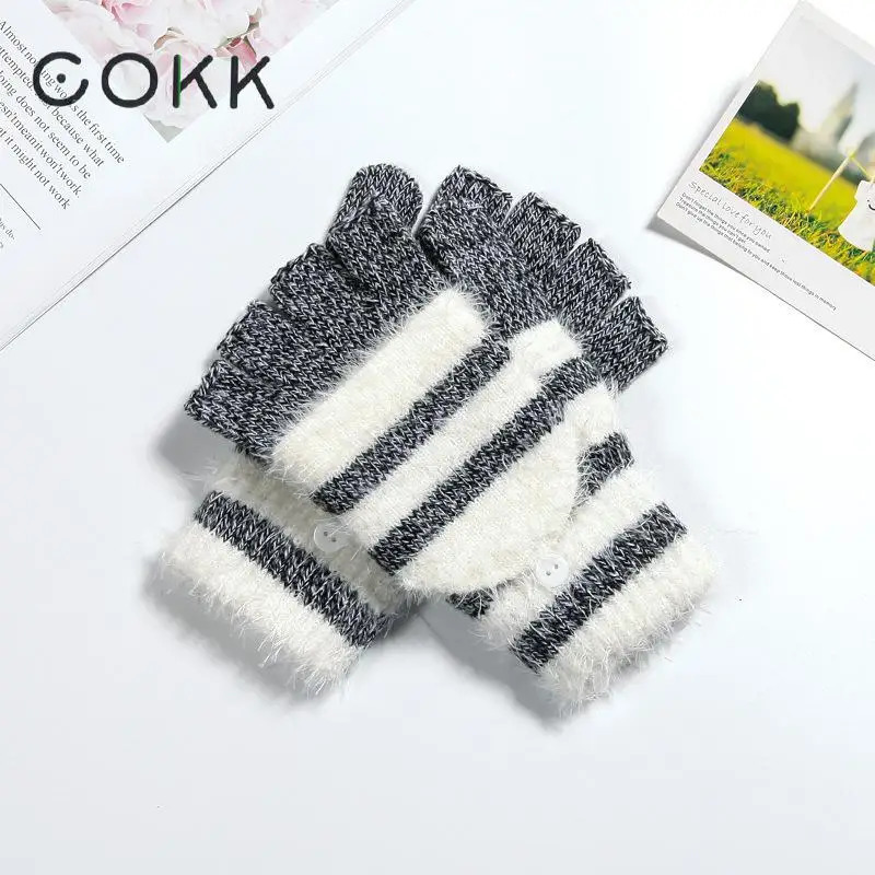 COKK Womens Fingerless Gloves Cute Artificial Rabbit Fur Striped Knitted Winter Warm Hand 241212