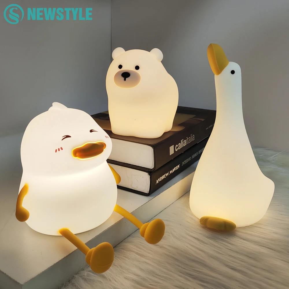 Cute Duck Night Light Silicone Nursery Bear Sleeping Lamp Rechargeable Dimmable Table Lamp with Touch Sensor for Bedrooms 241216