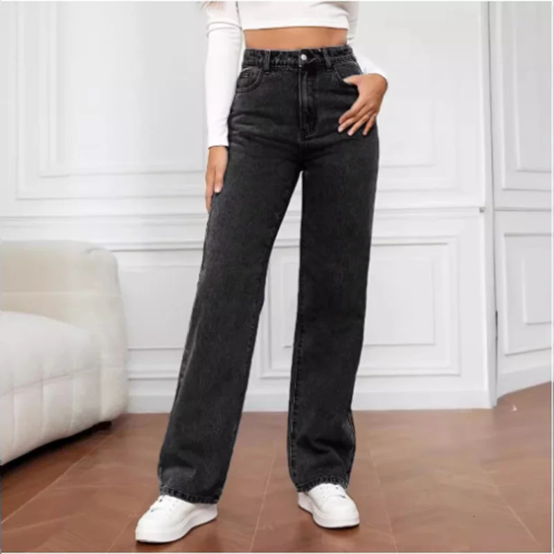 High Waist Light Blue Pocket Jeans Street Simple Casual Autumn Spring Straight Leg Pants 241212
