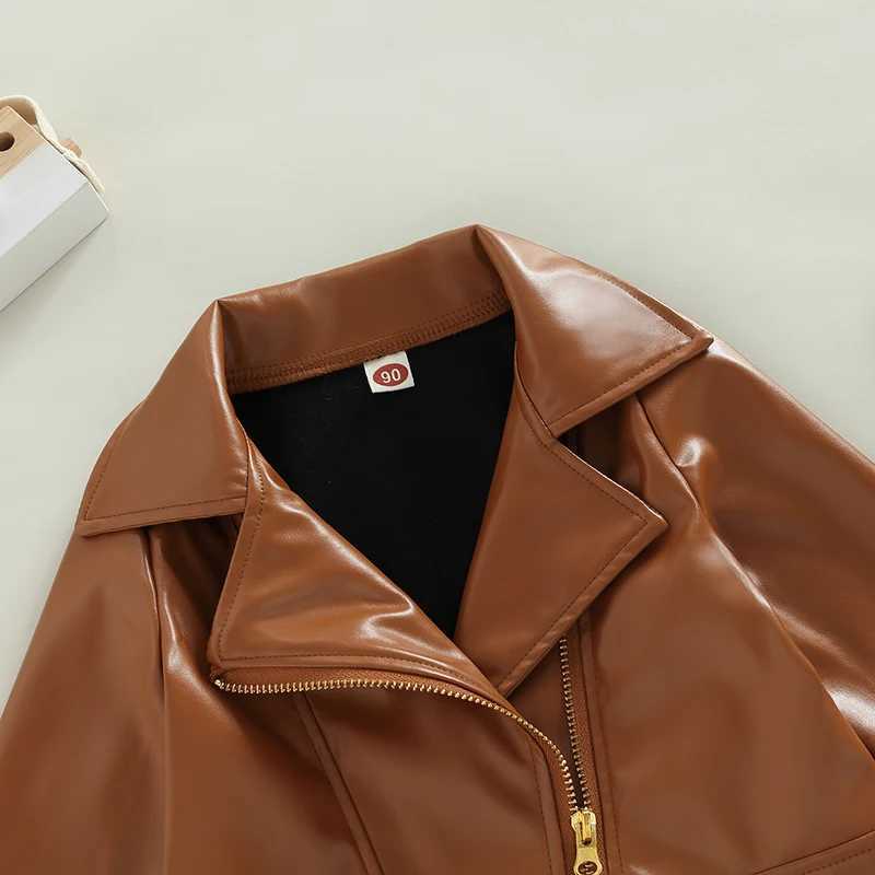 1-5years Kids Pu Leather Jacket Long Sleeve Turn-Down Collar Zipper Closure Casual Outwear For Girls Spring Fall Leather CoatsXJ241214