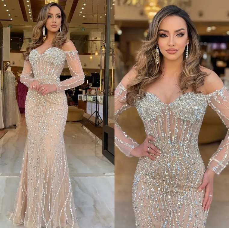 Champagne Glitter Beaded Sequins African Reception Dress Asoebi Mermaid Side Split Formal Prom Dresses Party Evening Gowns