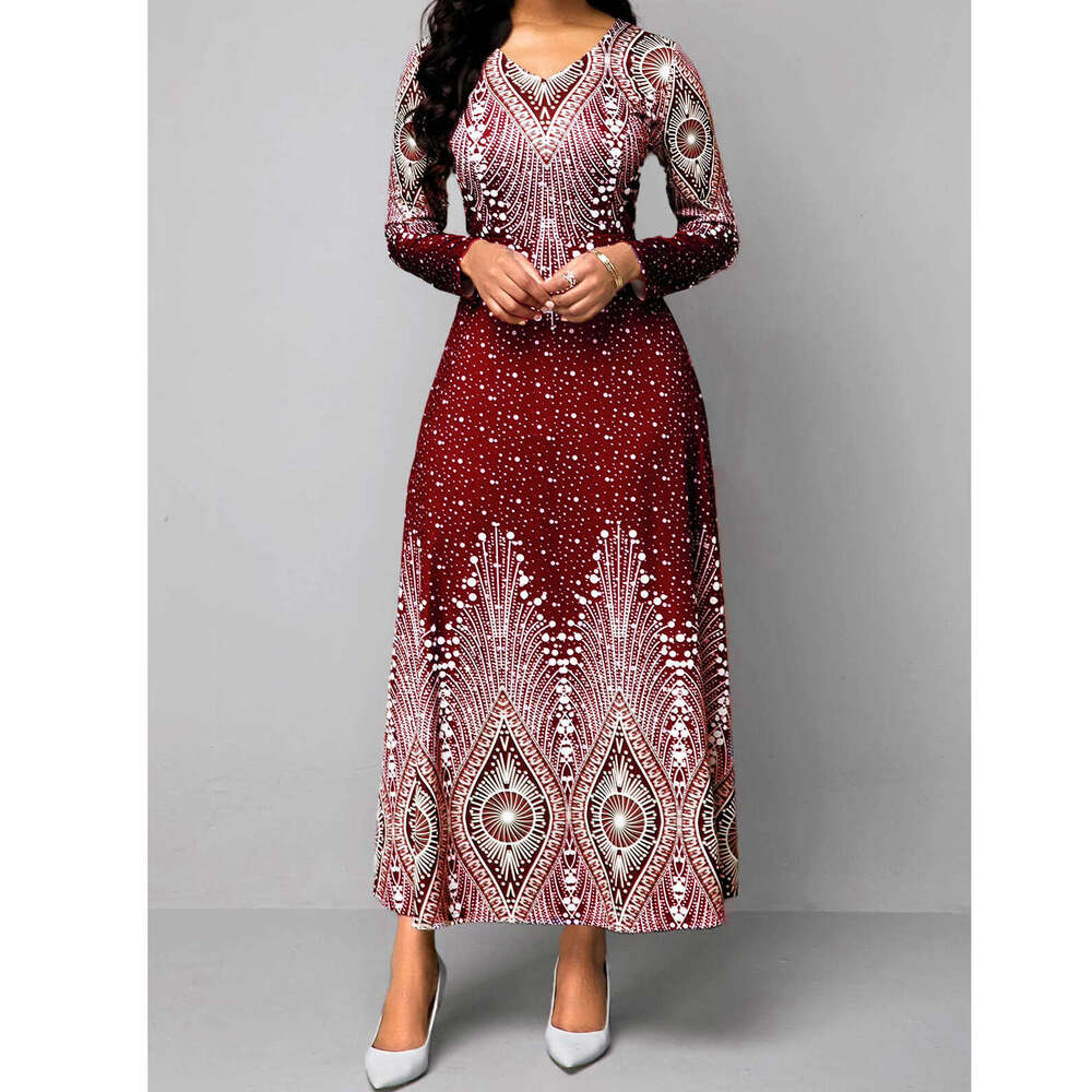 European American V-neck retro printed long sleeved Maxi dress Spring Autumn women's source 2024 new style chic and elegant clothing
