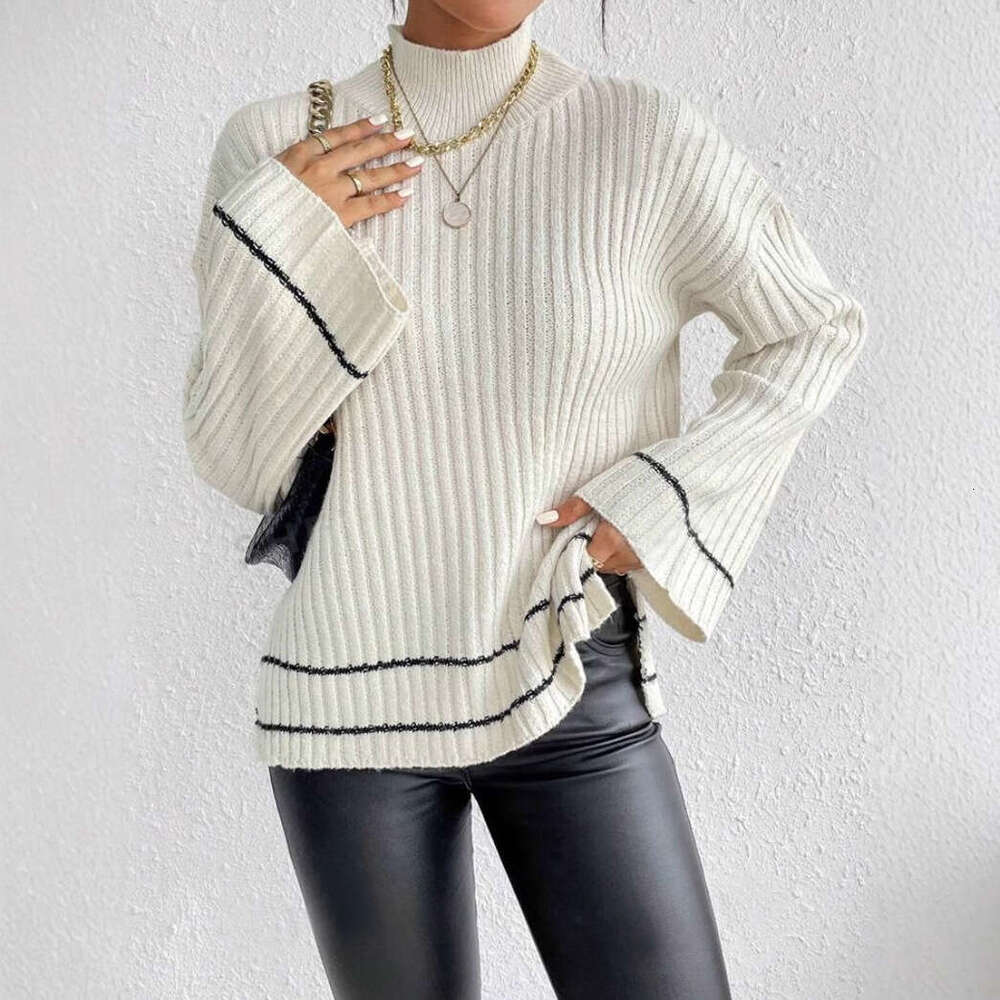 Autumn Clothes, Women's Knitted Sweaters, European And American Casual Splicing, Contrasting Colors, Loose Long Sleeves, Fashionable Quality, Cla