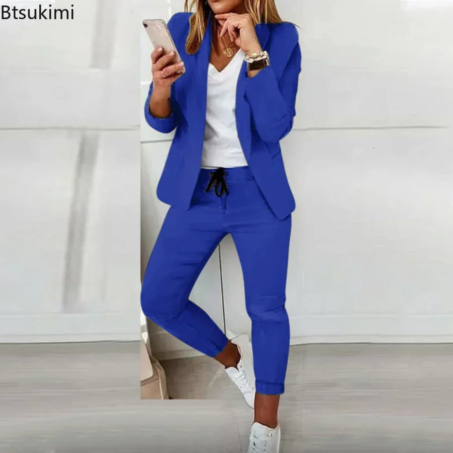 2025 Womens Two Piece Office Set Ultra Thin Jacket and Pants with Pocket Collar 2PCS Tracksuit 241212