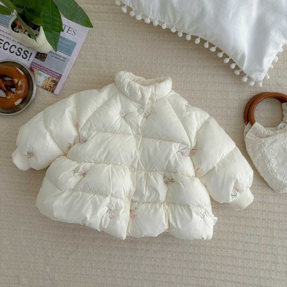 Girls Plush Cotton Quilted Coat Winter Sweet Princess Flower Embroidery Jacket For Baby Girls Thick Loose Infant Girl ParkasXJ241214