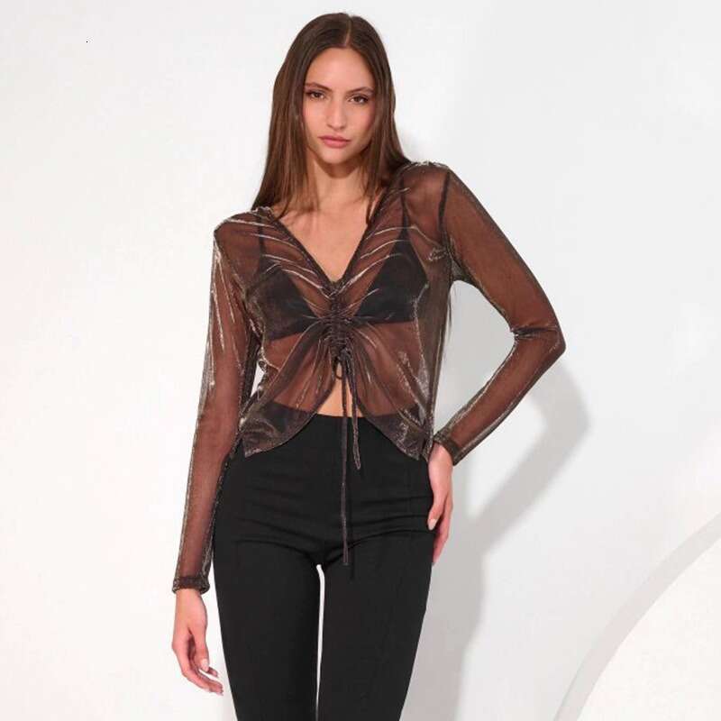 Summer New European American Women's Wear Solid Color Perspective Mesh V-Neck Front And Back Butterfly Short Top For Women