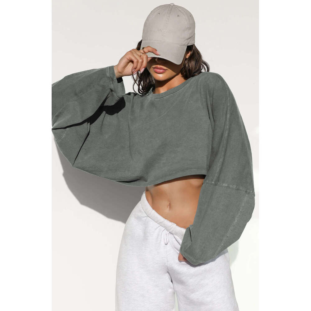 Umbilical Round Neck Sweatshirt, European And American Women's Short Sports Base T-Shirt, Knitted Shirt, Long Sleeved Top