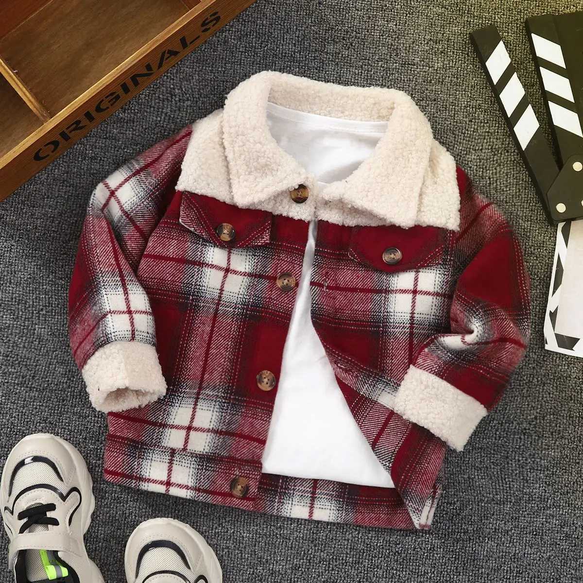 1-6 year old boys spring and autumn sle spliced fleece collar single breasted checkered versatile casual jacketXJ241214