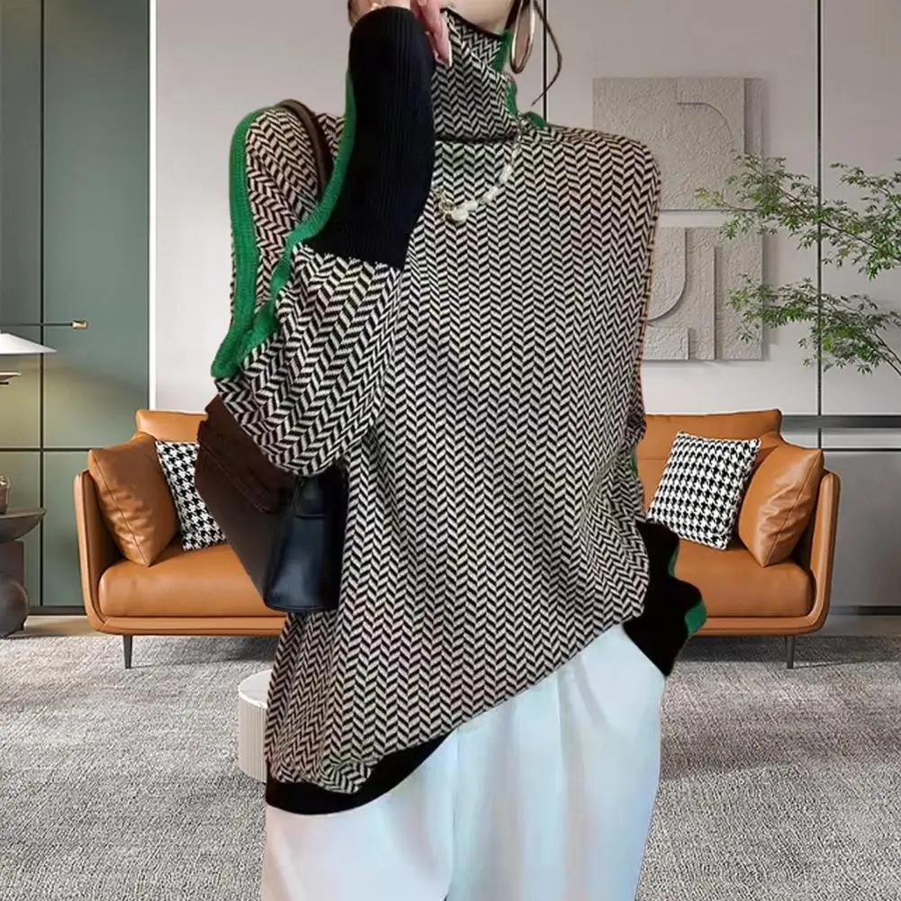 Womens autumn and winter contrasting color sweater high neck long sleeved patchwork n knitted top thick warm pull up 241211