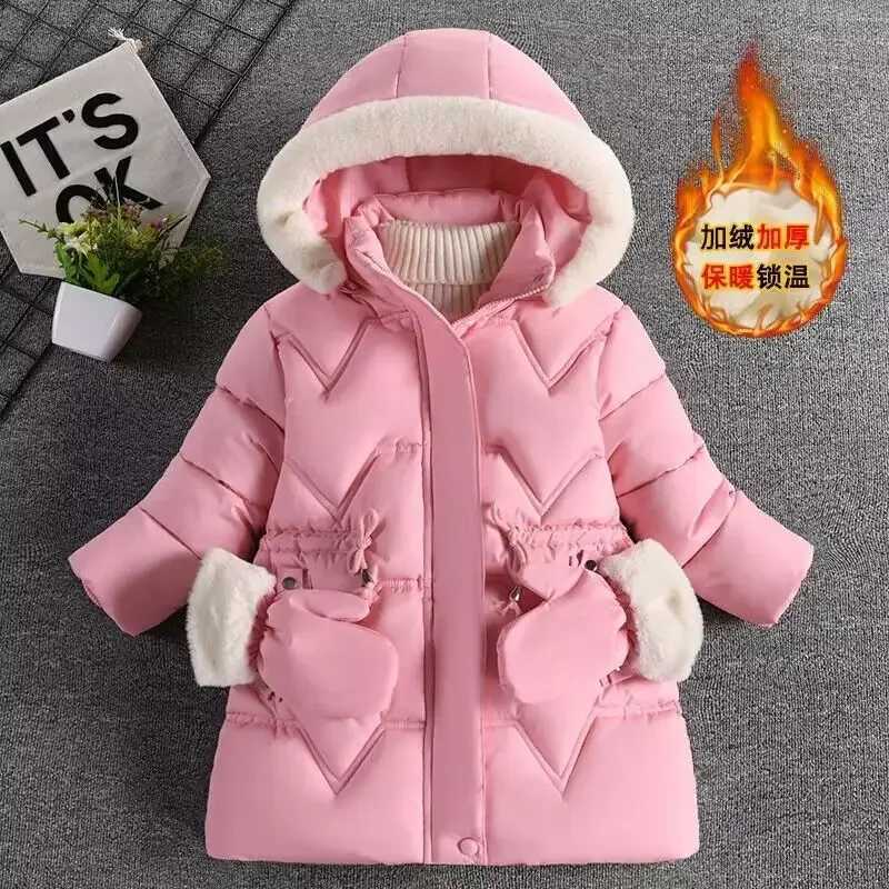 2-8 Years Warm Winter Girls Jacket Fur Collar Removable Hat Plush Lining Heavy Hooded Kids Coat Children Outerwear Send GlovesXJ241214