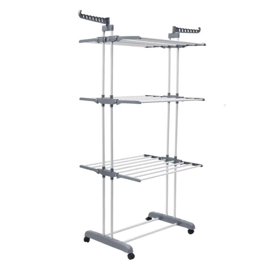 Drying Folding Rail 4-Tier Clothes Horses Rack Stainless Steel Laundry Garment Dryer Stand W 2 Side Wings