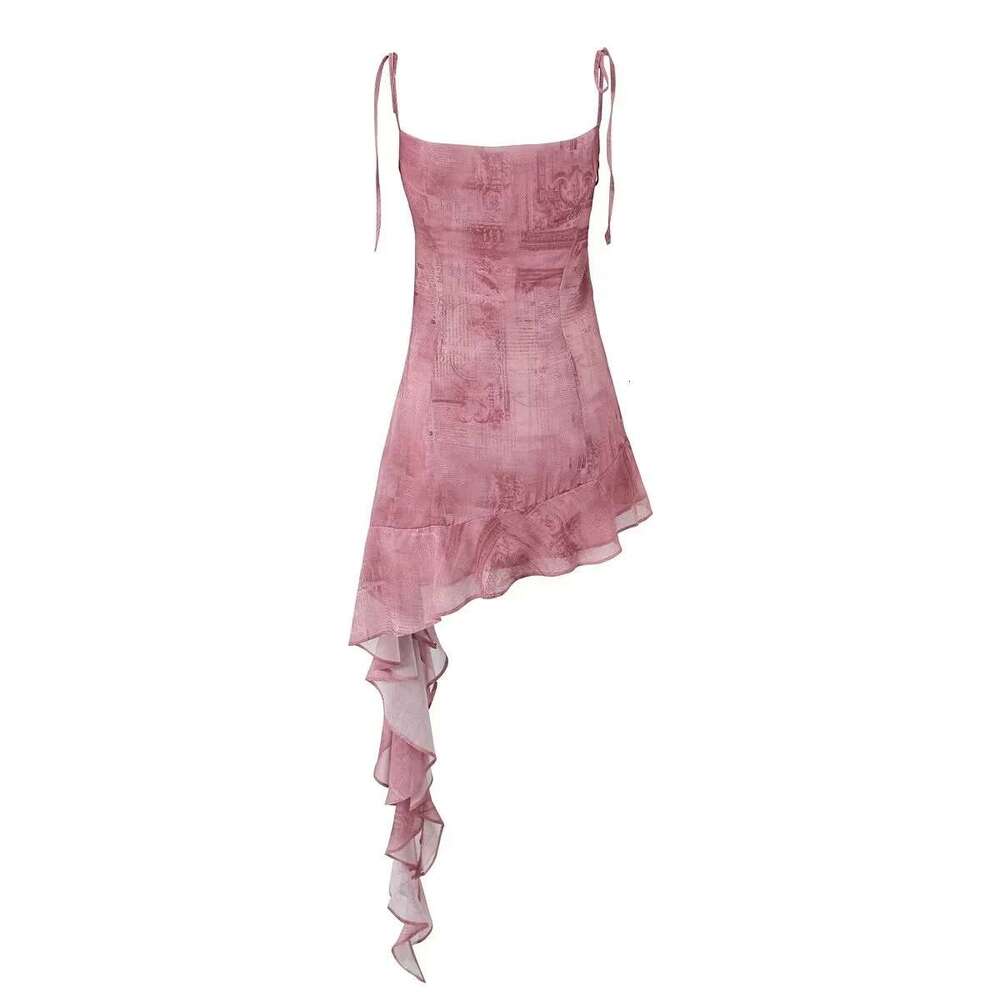 American vacation style irregular ruffle edge ribbon camisole women's lace up dress one-step short skirt 2024 temperament versatile new trend clo