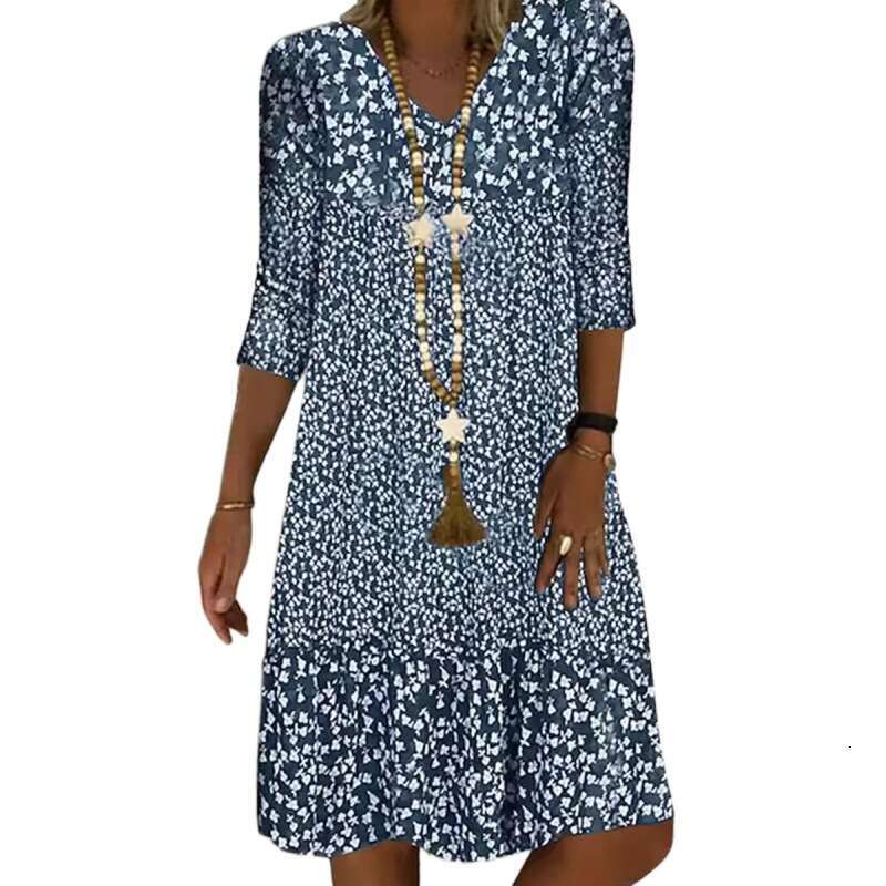 Summer Printed Mid Sleeve V-neck Medium Length Dress for Women 2024 New Casual Versatile Fashion Clothing
