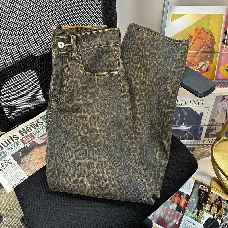 Leopard Print Jeans American High Street Trouser Retro Spring Trend Y2K Harajuku Style Loose Waist Casual Pants 241212