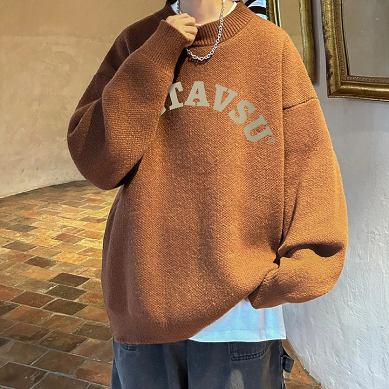 Men's Cozy Japanese Style Letter Knit Sweater - Long Sleeve Pullover For Autumn & Winter