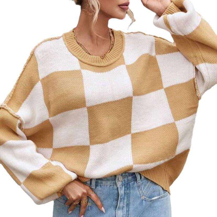 New Autumn Clothes Women's Knitted With Grid Elements Round Neck Loose Sweater From Europe And America