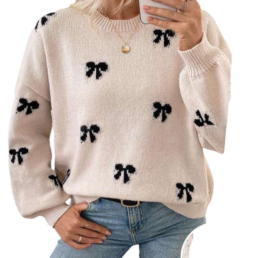 European And American Independent Station Bow Jacquard Clothes Autumn Simple Design Sense Women's Sweater
