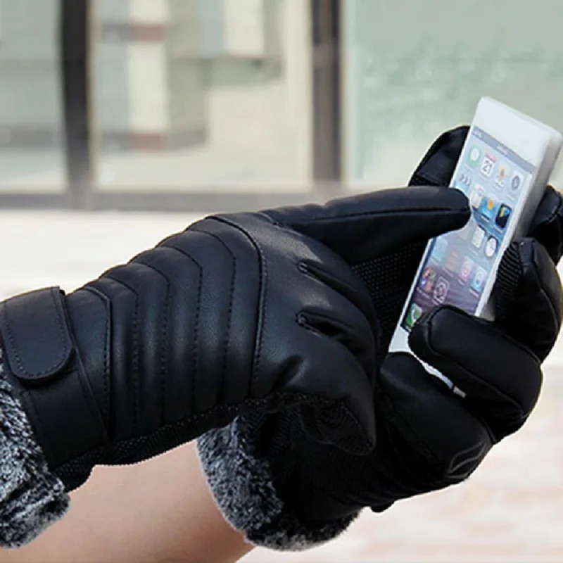 1 pair of mens touch screen gloves winter warm five finger wrist cut wool thick Pu leather outdoor bicycle 241212