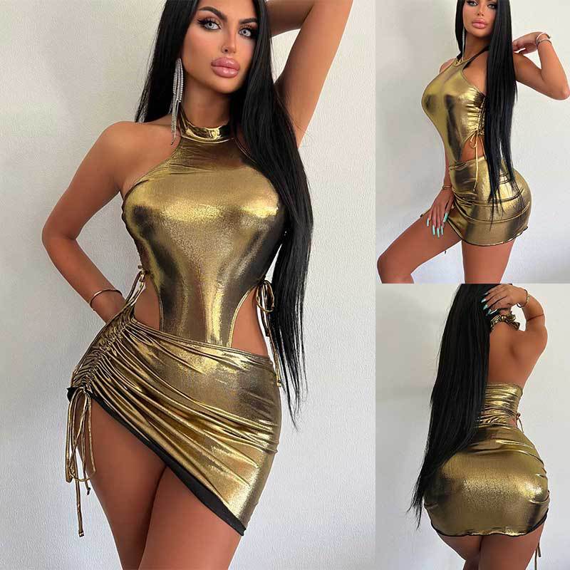 Hot selling women's summer bright face set sexy light mature spicy girl jumpsuit with high waist drawstring wrapped skirt