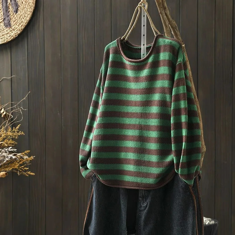 Korean Style Contrasting Color Stripes Ulzzang Loose 2024 Autumn Versatile Knitted Womens Casual Pullovers Top 241211