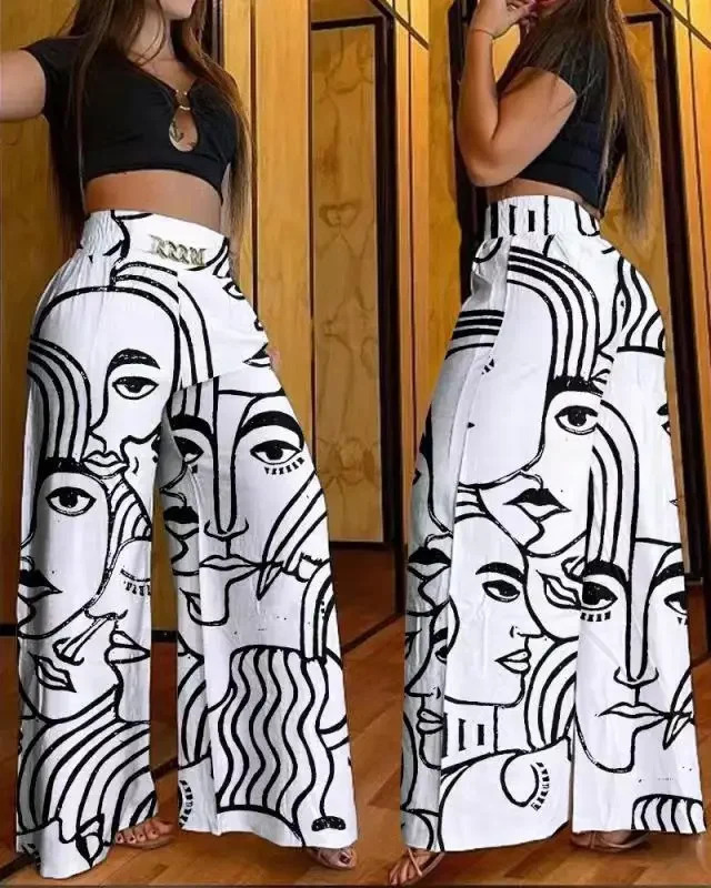 Womens high waisted wide leg pants elegant chain decoration black Trousers casual clothing white summer 241212
