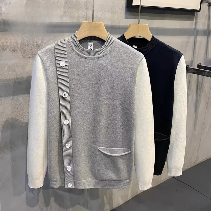Autumn Winter Mens Clothing Long Sleeve Button Round Neck Contrast Color Pullover Sweater Knitted Casual Boyfriend Retro Tops 241216