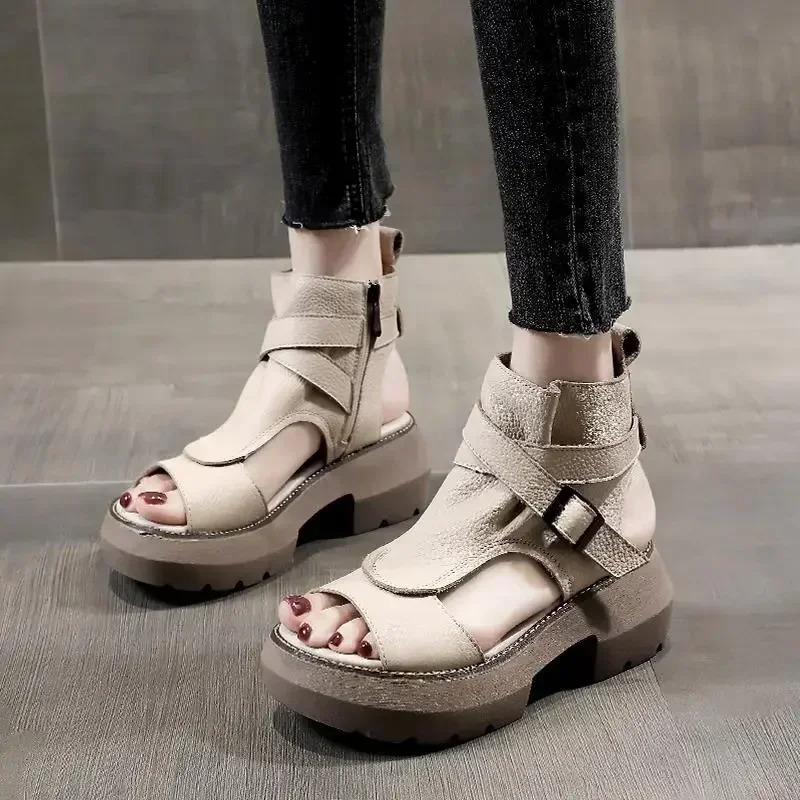 2024 Summer Shoe Sandals Retro Genuine Leather Wedges Platform Peep Toe High Heel Black 241213