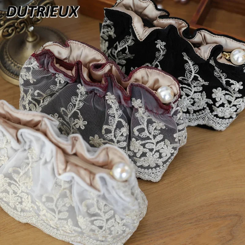 Korean lace embroidery portable handheld womens makeup bag makeup cleaning organizer carry womens travel storage bag with you 241212