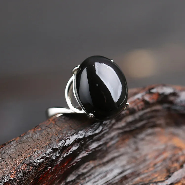 Natural Obsidian Ring For Men Women Silver Jewelry Fashion Opening Couple Korean Edition Rich Paired with Energy Gifts 241214